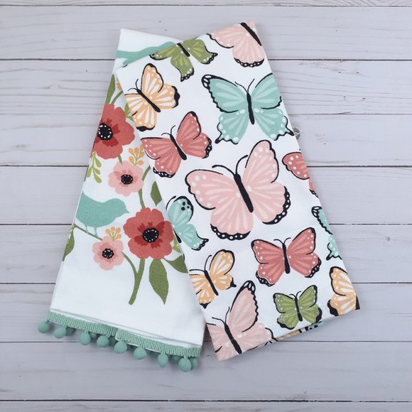 Kitchen Towels Set of 2 Flowers Birds Butterflies Dual Purpose - Picture 3 of 4